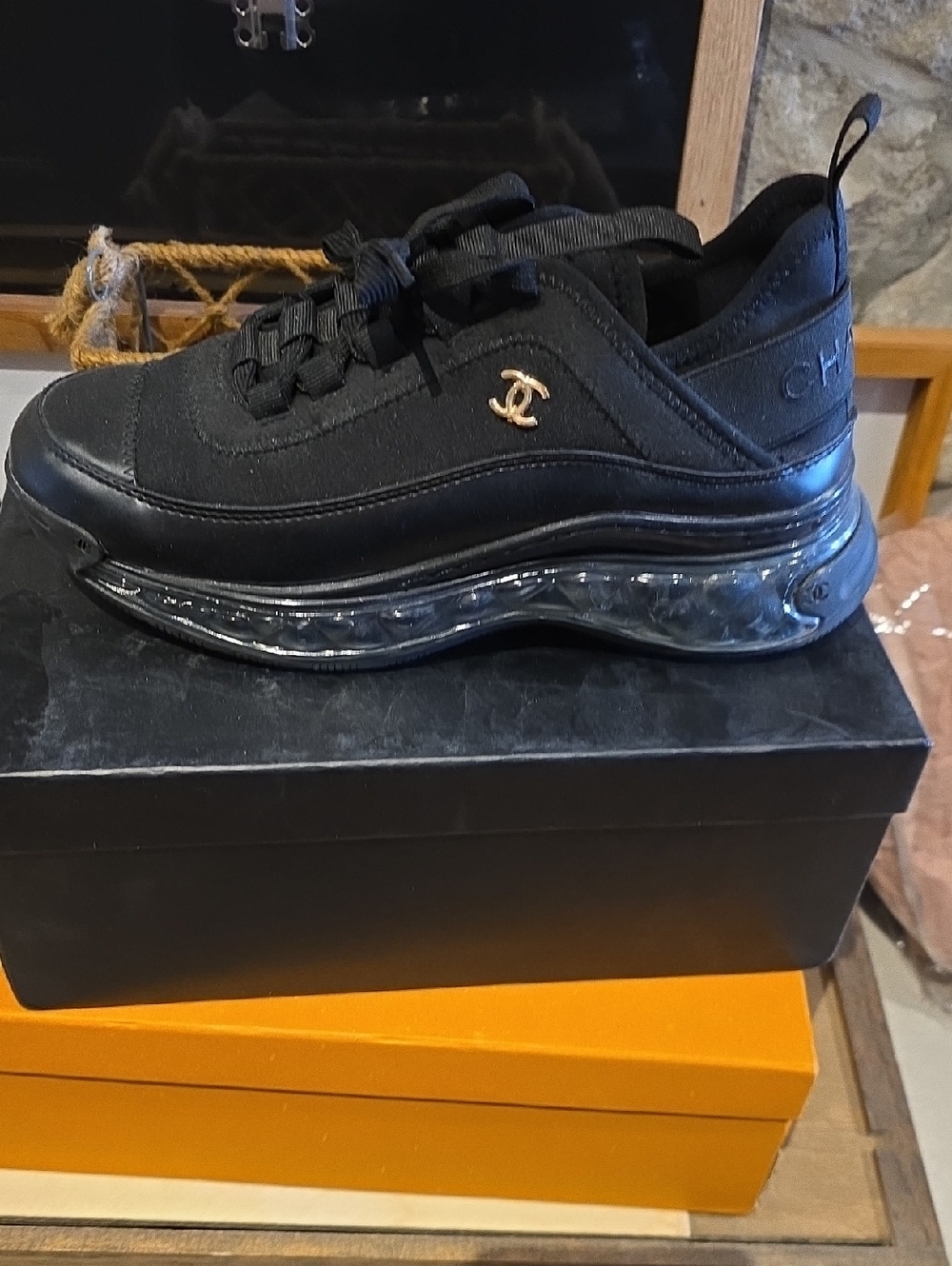 Black Womens Low-Top Sneaker with Gold CC Accent